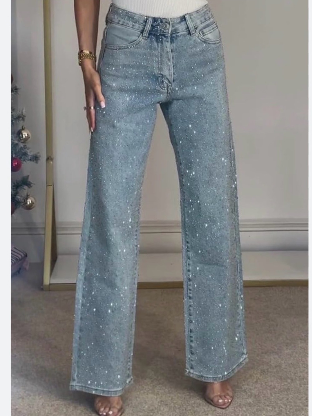 Rhinestone studded wide leg jeans-size 13 New*